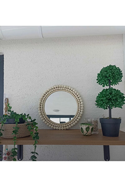 BOHEM Yuvarlak ahşap boncuklu ayna 23cm Orjinal aynalı