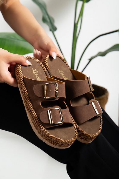 PLN SHOES Papuci anatomici cu talpă ortopedică înfășurată Papuci confortabili de zi cu cataramă dublă