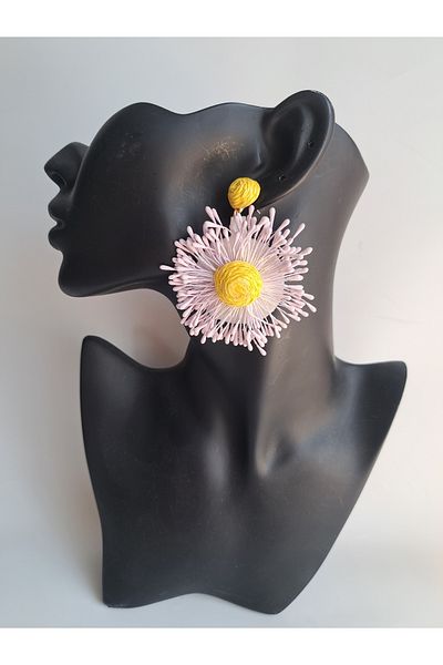 BHR AKSESUAR Pink Yellow Straw Woven Flower Earrings