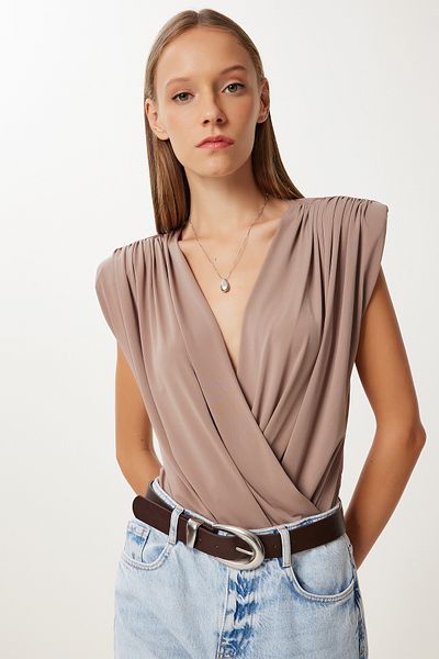 Lovelyİstanbul Wrap Collar Padded Snap Blouse Lzh0001 Mink