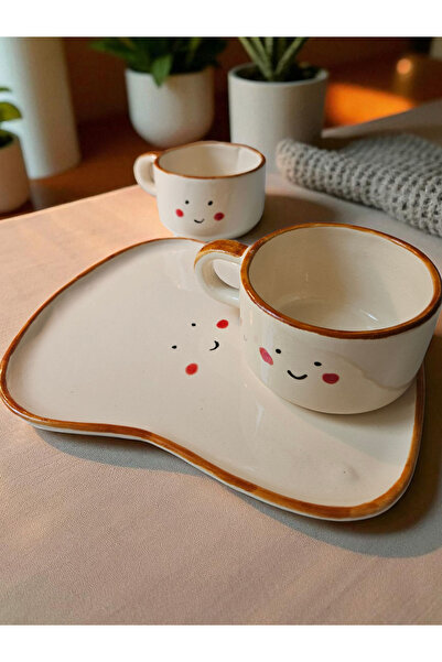 Soli Seramik Handmade Cheerful Ceramic 3-Piece Breakfast Set – Special Presentation with Smiling Face Design