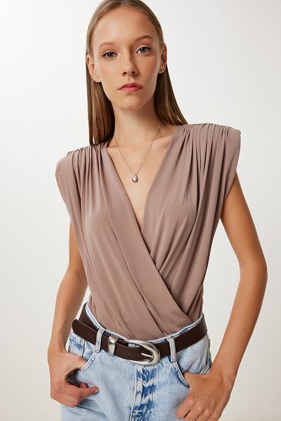 Lovelyİstanbul Wrap Collar Padded Snap Blouse Lzh0001 Mink