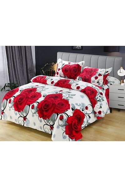 OEM Lenjerie de pat cocolino, cu elastic, 2 persoane, 4 piese, 180x200 cm, imprimeu trandafiri, multicol