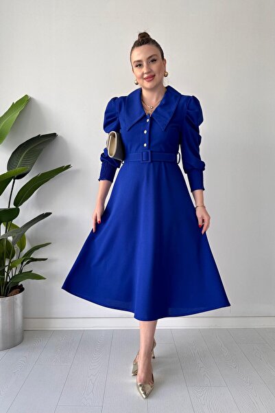 MaziButik Pointed Collar Crepe Dress Blue