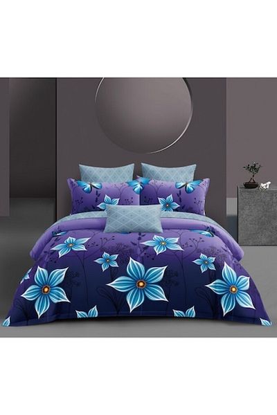 OEM Set de lenjerie de pat, bumbac satinat, 4 piese, 2 persoane, imprimeu floral albastru, 180x200cm