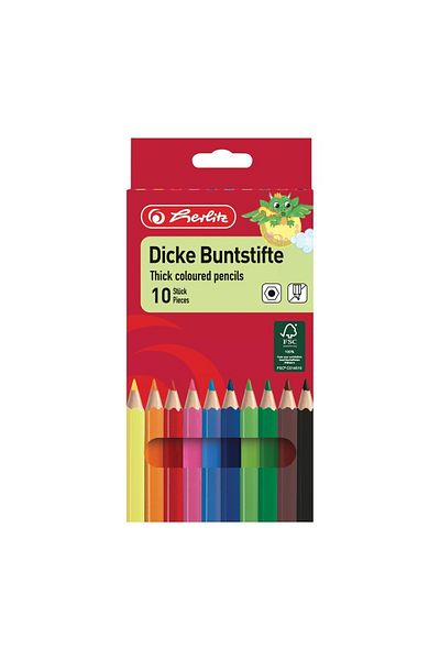 Herlitz Jumbo Colored Pencils, Set of 10, Color Assorted, Material Wood