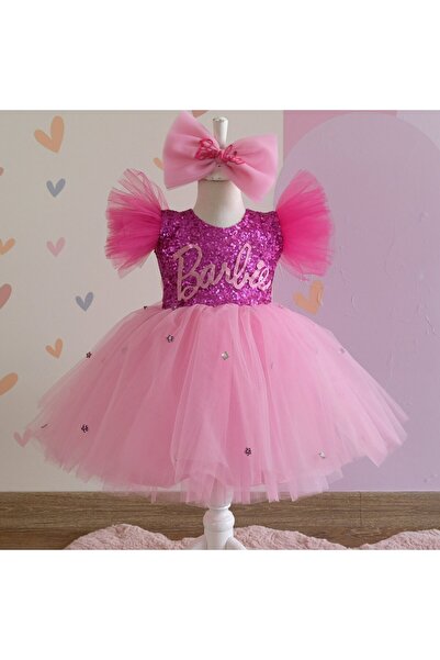 sara tasarım Kız çocuk pembe kostüm, Payetli parlak pembe dogum günü elbisesi...