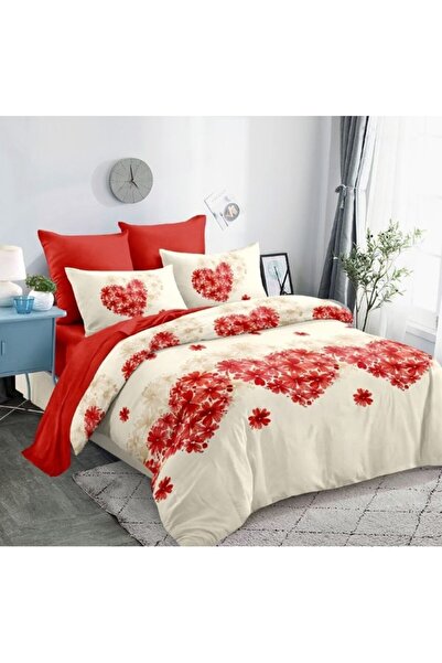 OEM Double bed linen set, Finet, fitted sheet, heart, 6 pieces, 180x200cm, Red-B