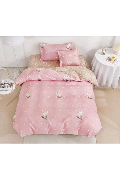 OEM Lenjerie de Pat, Reversibil, Cearșaf cu Elastic, Finet, 1 Persoană, 4 Piese, 140x200cm, Floricele,