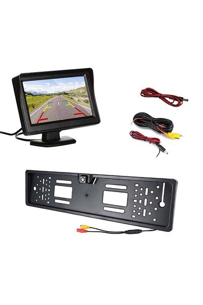 BGRJ Automotive Kit 2 în 1, suport pentru plăcuță de înmatriculare cu cameră video pentru marșarier și monitor cu stativ