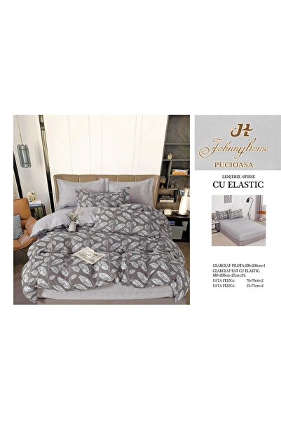 OEM Double Bed Linen, Two Faces, Leaves, 6 Pieces, 2 Persons, 180x200cm, Fine Satin, Brown-Beige