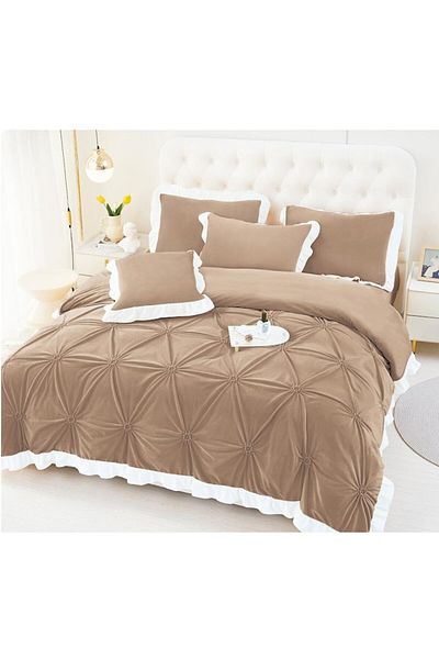 OEM Double Bed Linen Set, Uni, Embroidered Hearts Model, 6 Pieces, Finet, 230x250cm, Dark Brown