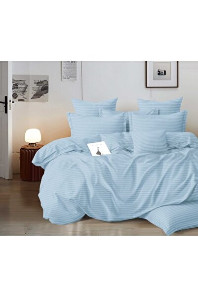 OEM Lenjerie de pat dublă, damasc, cearșaf cu elastic, 6 piese, 2 persoane, uni, 180x200cm, albastru