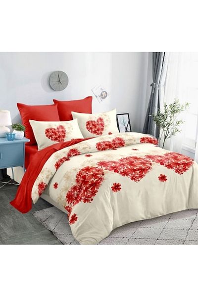 OEM Double Bedding Set, Spring, Finet, Elastic Sheet, Heart Model, 6 Pieces, 2 Persons, 180x200cm, Red-B