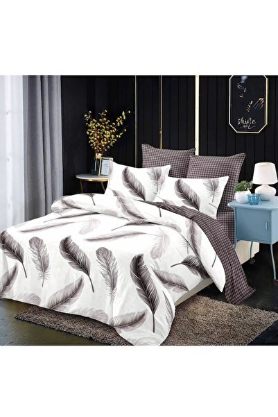 OEM Double Bed Sheet with Elastic, Feather Print, 6 Pieces, 2 Persons, 180x200cm, Finet Satin