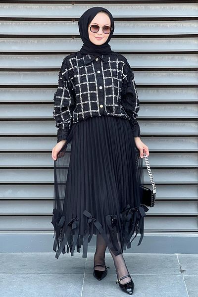 Mahal Tulle Skirt with Bow at the Hem and Chain Pleated