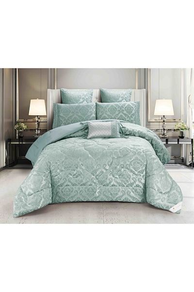 JOJO HOME Lenjerie de pat cu elastic si pilota inclusa, bumbac tip jacquard, pat 2 persoane, 7 piese - Verde