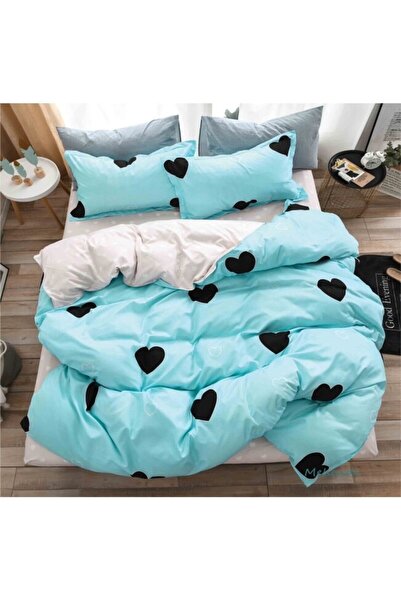 OEM Bed linen set, fitted sheet, fine hearts, single, 4 pieces, 140x200cm, blue-black