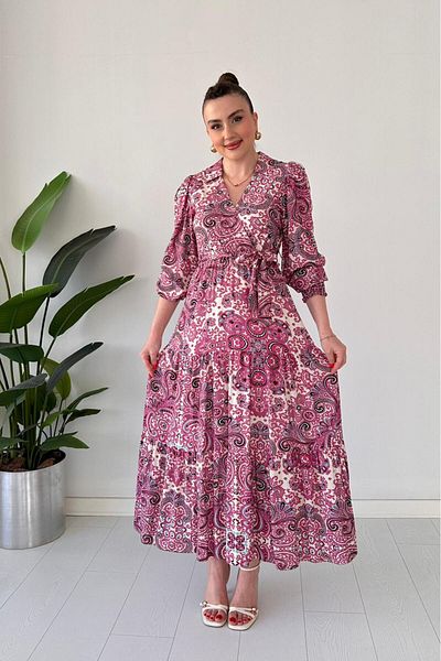 MaziButik Shawl Pattern Viscose Dress Purple Pink