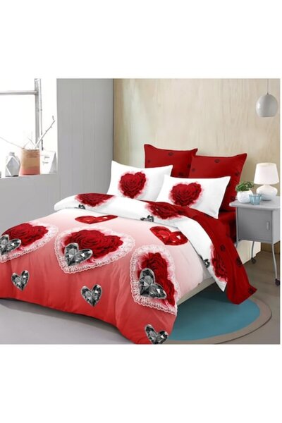 OEM Double bed linen, two sides, floral and heart print, 6 pieces, 2 persons, 180x200cm, Finet Satin, mu