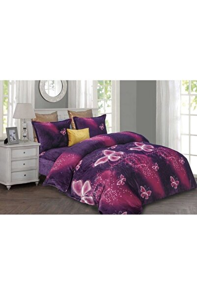 OEM Lenjerie de pat cocolino, cu elastic, 2 persoane, 4 piese, 180x200 cm, Imprimeu fluturi, multicolor