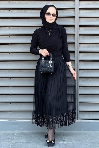 Mahal Pleated Tulle Skirt with Sequin Chain at the Hem