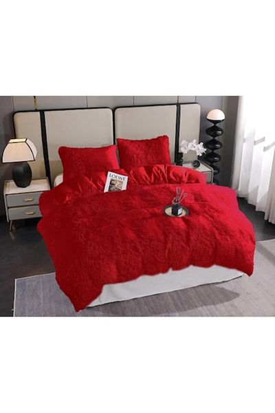 OEM Pilota si 2 fete de perna, Fluffy, 2 persoane, 3 piese, 200x230cm, rosu