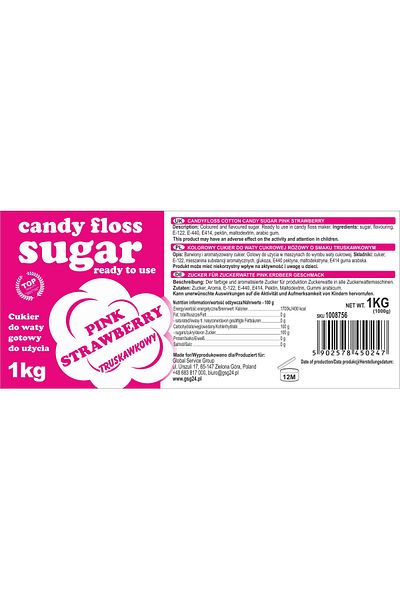 GSG24 Kolorowy cukier do waty cukrowej różowy o smaku truskawkowym 1kg