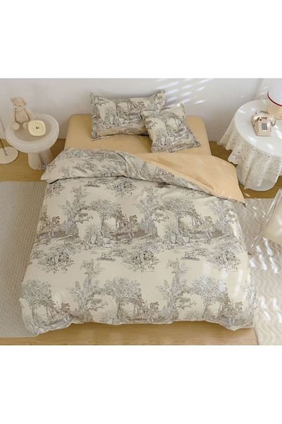 OEM Reversible Bed Linen, Elastic Sheet, Finet, Single Person, 4 Pieces, 140x200cm, Beige Shades