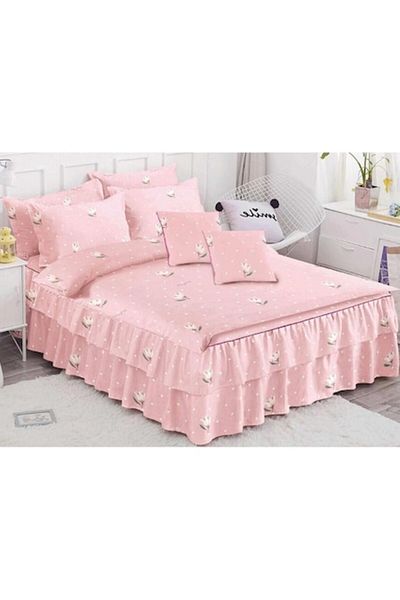 OEM Set de lenjerie de pat dublă cu volane, 6 piese, imprimeu floral, 270x245cm, roz-alb