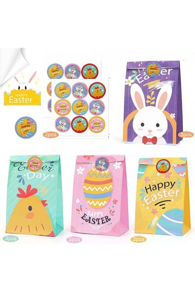 OEM Set de 12 pungi cadou de Paște cu autocolante DHYDQX, hârtie, multicolore, 20 x 8 x 13 cm