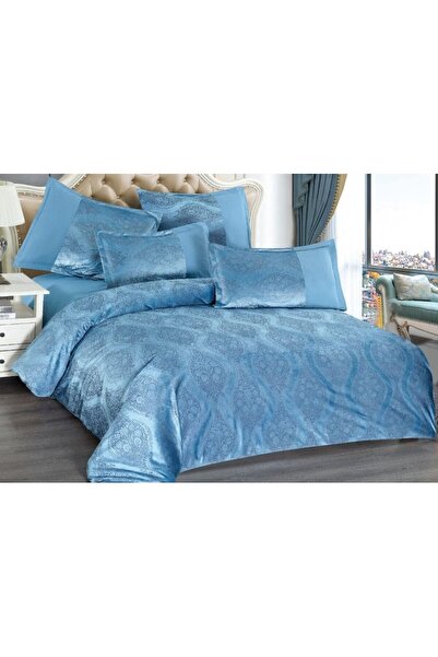 OEM Lenjerie de pat dublă, catifea, 6 piese, 2 persoane, uni, 230x250cm, albastră