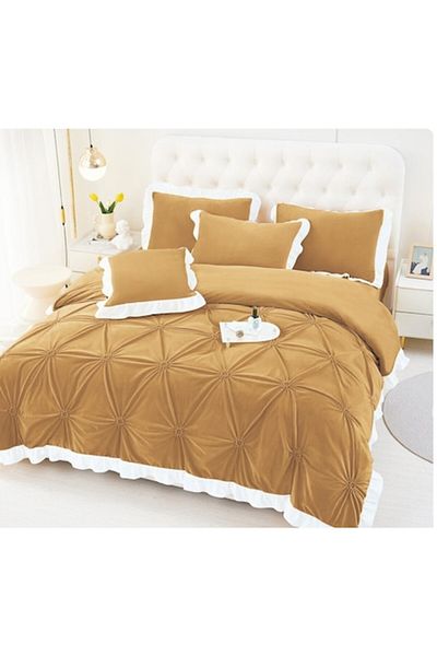 OEM Lenjerie de pat dublu, Uni, Model Inimi Brodate, 6 piese, Finet, 230x250cm maro M2