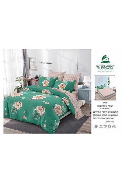 OEM Double bed linen set, elastic, beige floral, 6 pieces, 2 persons, 180x200cm, Finet Satin green