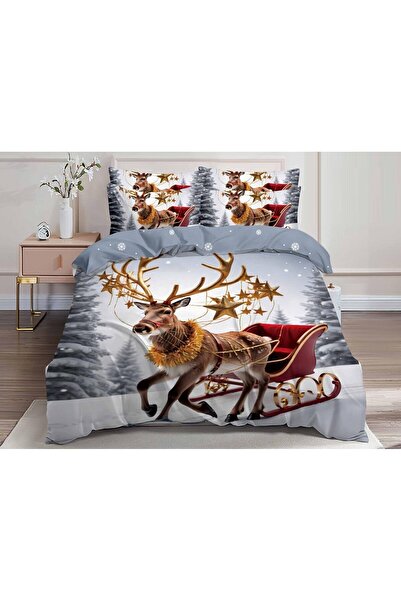 OEM Set Lenjerie de pat dublu, model Craciun 3D, 6 piese, Bumbac Finet