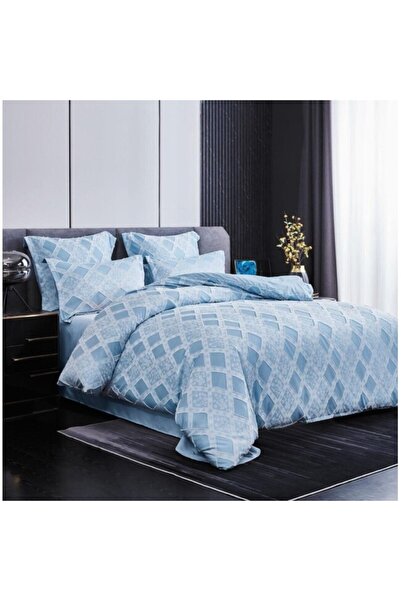 OEM Bed linen, Plain, Finet, Grofat Rhombus Pattern, 6 pieces, 2 persons, 230x250cm, Blue Sky