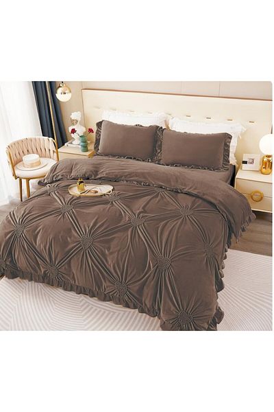 OEM Lenjerie de pat dublu, Uni, Model Inimi Brodate, 6 piese, Finet, 230x250cm maro-inchis M1