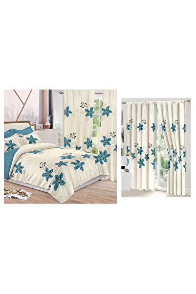 OEM Set de lenjerie de pat dublu cu draperii asortate, 8 piese, imprimeu floral crem-bleumarin