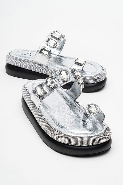 LuviShoes Papuci de damă EVANS Silver Stone Flip Flops cu talpă groasă