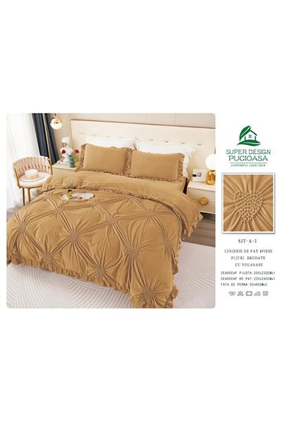 OEM Double Bed Set, Uni, Embroidered Hearts Model, 6 Pieces, Finet, 230x250cm Light Brown