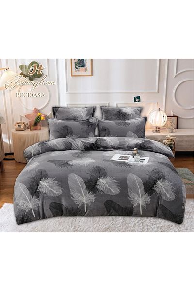 OEM Cocolino Double Bedding Set, 6 Pieces, 200 x 230 cm, Feather Pattern, Gray