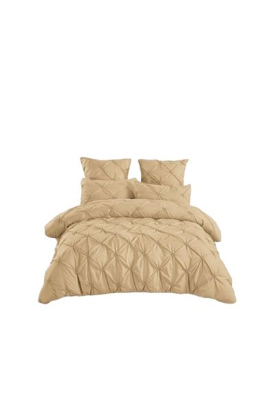 OEM Double Bed Linen Set, Embroidered Pleats Model, 6 Pieces, Cotton Finet, 230x250cm, Beige