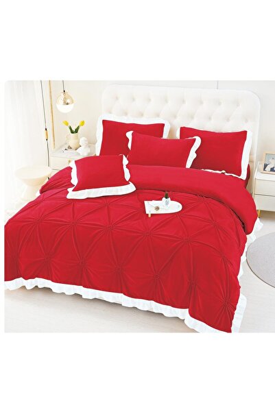 OEM Double bed linen set, Plain, with embroidered hearts, 6 pieces, Finet, 230x250cm Red