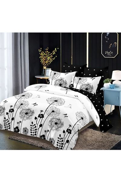 OEM Double Bed Sheet Set, 6 Pieces, Dandelion Print, 230x250cm, Finet, Black-White