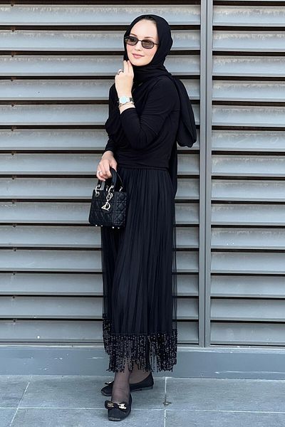 Mahal Pleated Tulle Skirt with Sequin Chain at the Hem