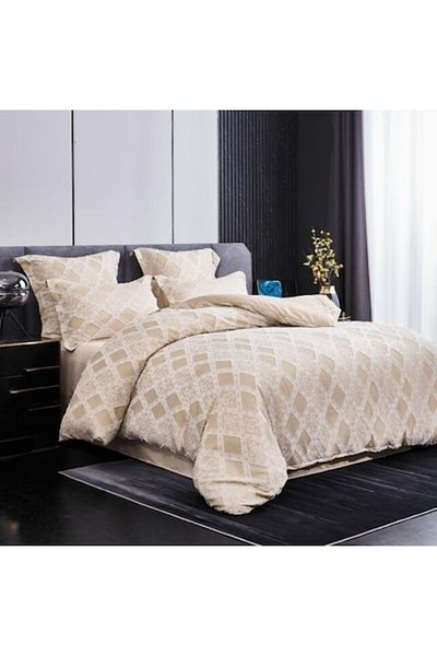 OEM Lenjerie de pat, Uni, Finet, Grofat Model Romburi, 6 piese, 2 persoane, 230x250cm, Bej
