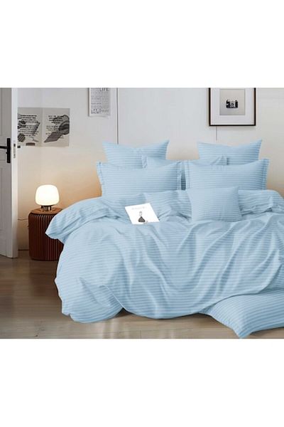 OEM Lenjerie de pat dublă, damasc, cearșaf cu elastic, 6 piese, 2 persoane, uni, 180x200cm, albastru