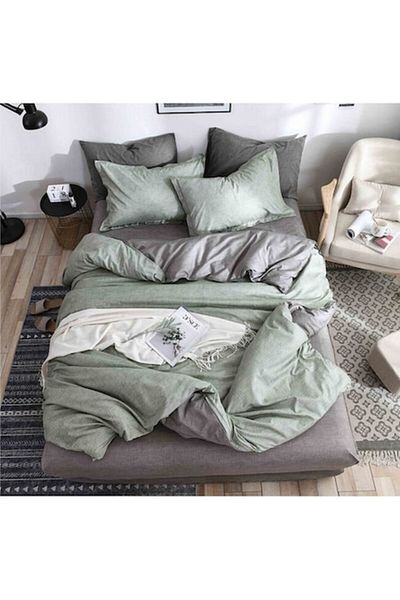 OEM Bed Linen, Reversible, Elastic Fitted Sheet, Fine Cotton, Single, 4 Pieces, 140x200cm, Duck Egg Gree