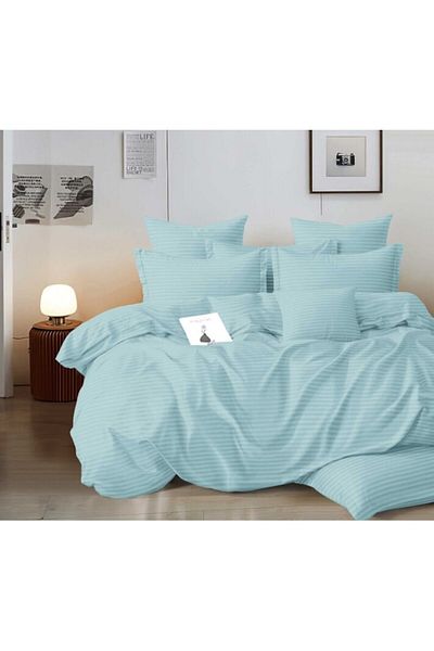 OEM Lenjerie de pat dublă, Damasc, cearșaf cu elastic, 6 piese, 2 persoane, Uni, 180x200cm, Albastru deschis