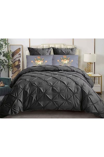 OEM Lenjerie de pat dublu, Primavara, Model Pliuri, Finet, 6 piese, 2 persoane, Uni, 180x200cm, Gri Inch